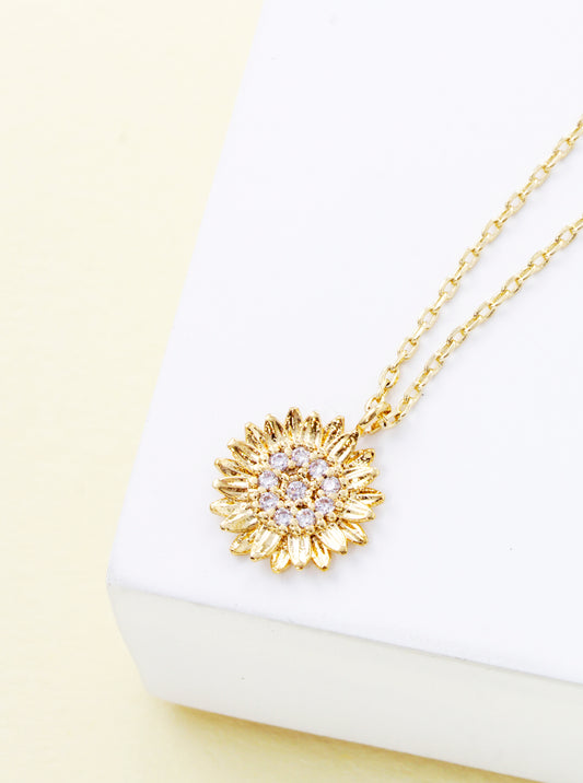 18k gold dipped CZ pave sunflower pendant necklace