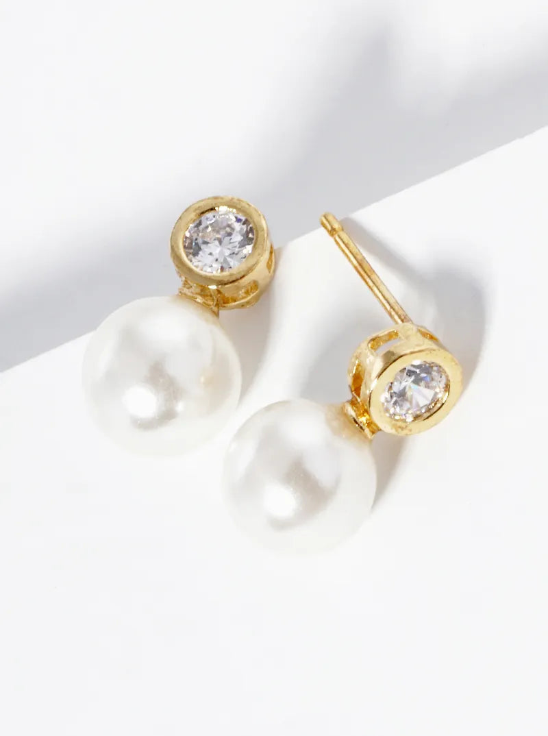 18k Gold Dipped Pearl Bead Drop Bezel Set CZ Post Stud Earrings