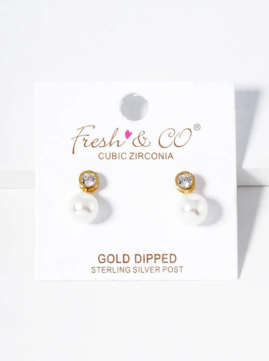 18k Gold Dipped Pearl Bead Drop Bezel Set CZ Post Stud Earrings