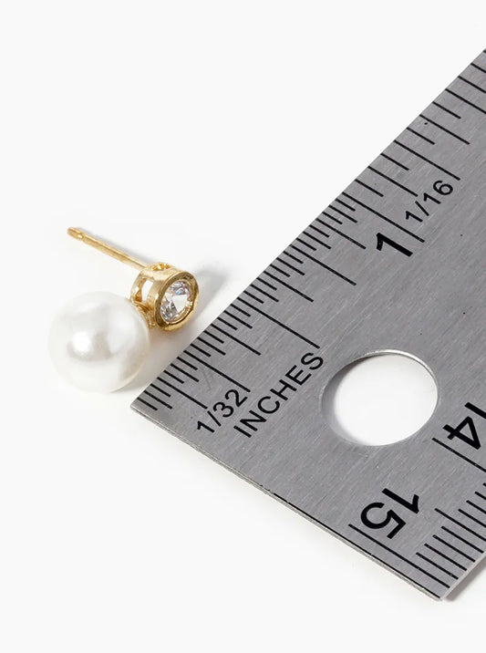 18k Gold Dipped Pearl Bead Drop Bezel Set CZ Post Stud Earrings