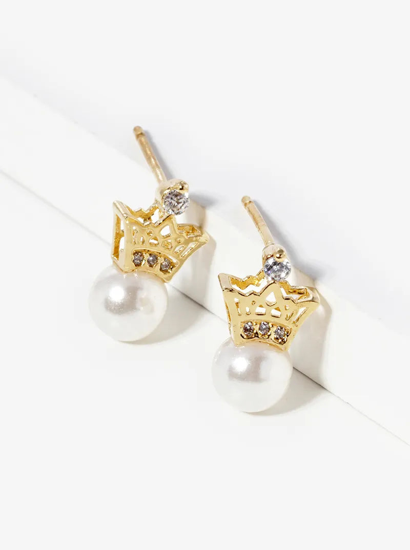 18k Gold Dipped Pearl Bead Drop CZ Pave Crown Post Stud Earrings