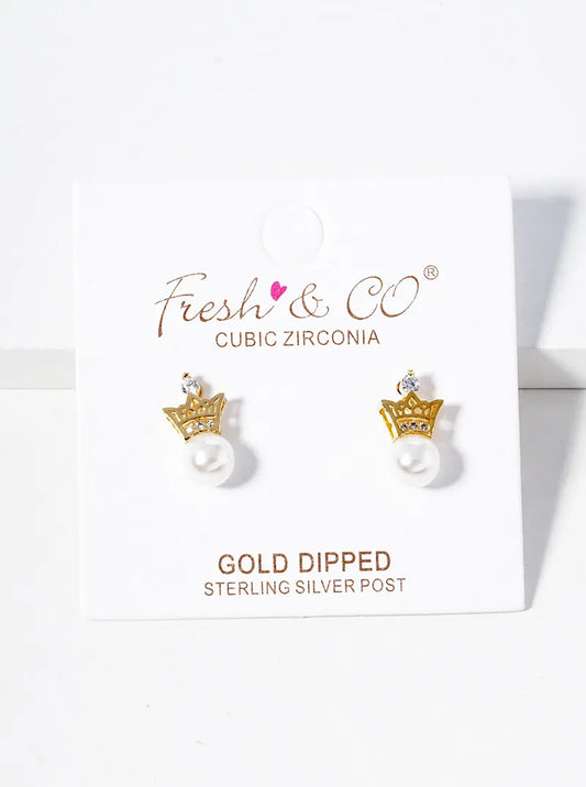 18k Gold Dipped Pearl Bead Drop CZ Pave Crown Post Stud Earrings