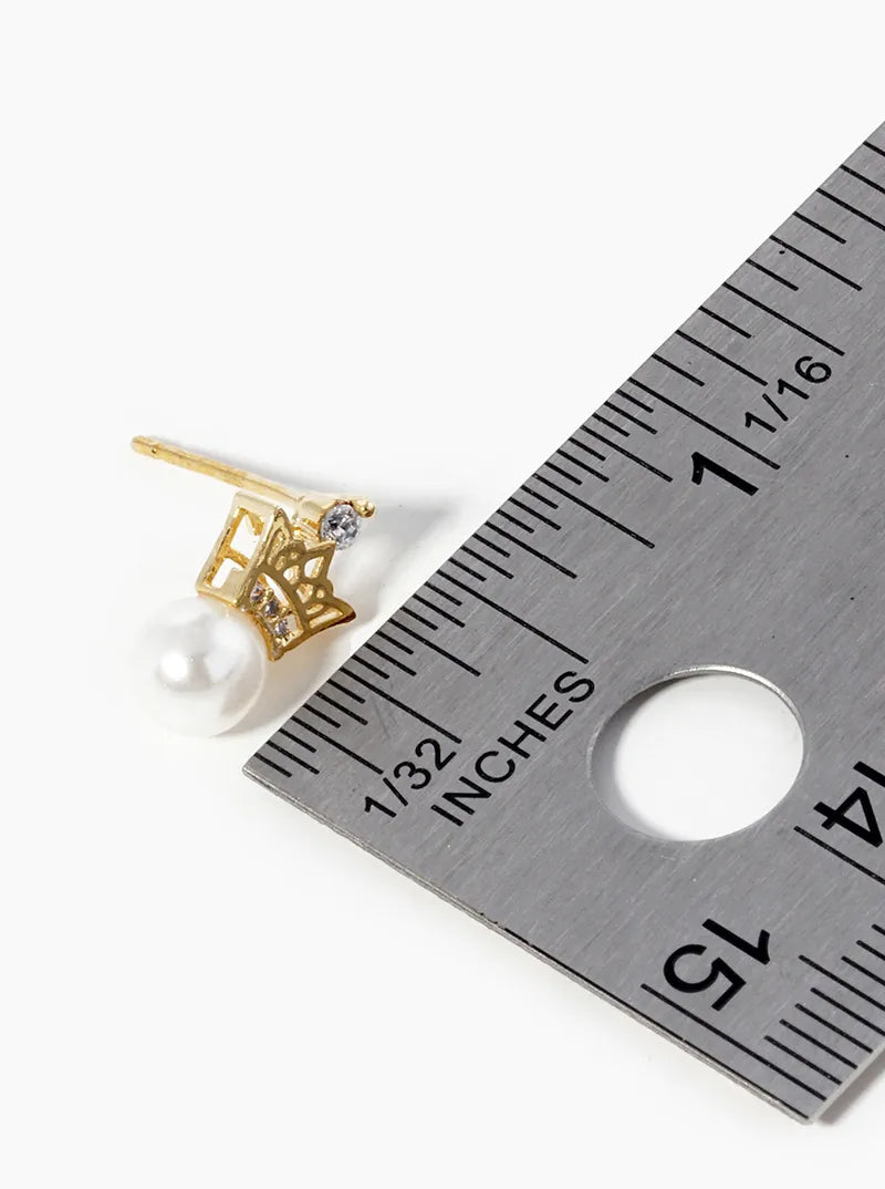 18k Gold Dipped Pearl Bead Drop CZ Pave Crown Post Stud Earrings