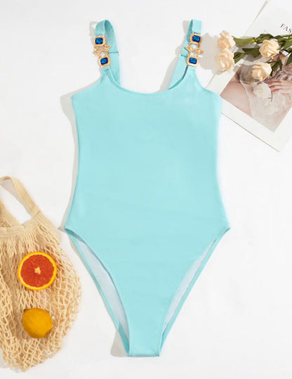 Fashion Blue Pure Color Crystal Diamond Sling One-piece Swimsuit