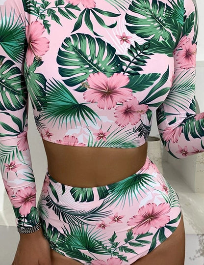 Fashion Pink Printed Multicolor Long-sleeved Split Swimsuit