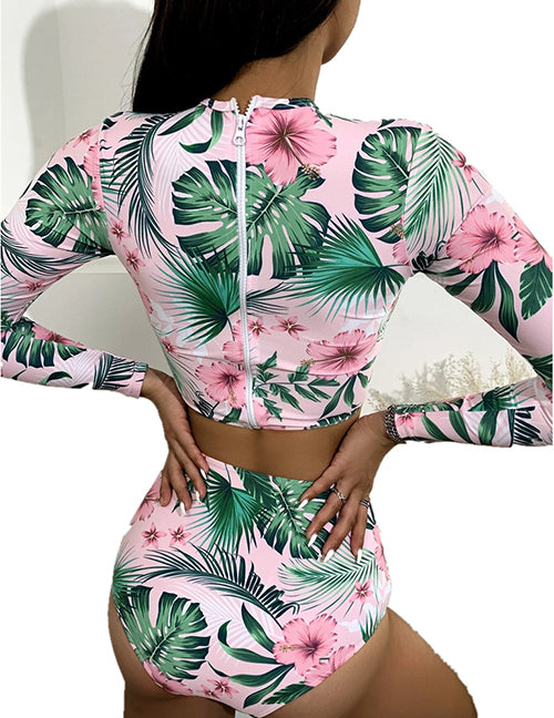 Fashion Pink Printed Multicolor Long-sleeved Split Swimsuit