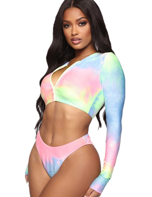 Fashion Color Tie-dye Long-sleeved Zipper Split Swimsuit