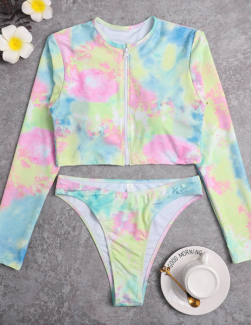 Fashion Color Tie-dye Long-sleeved Zipper Split Swimsuit